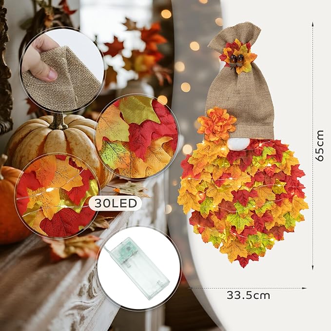 Fall Garland Gnome Door Hanging Wreaths with Maple Leaves LED String Lights, Artificial Maple Leaves Wreath for Autumn Harvest Thanksgiving Decoration Home Indoor Outdoor B