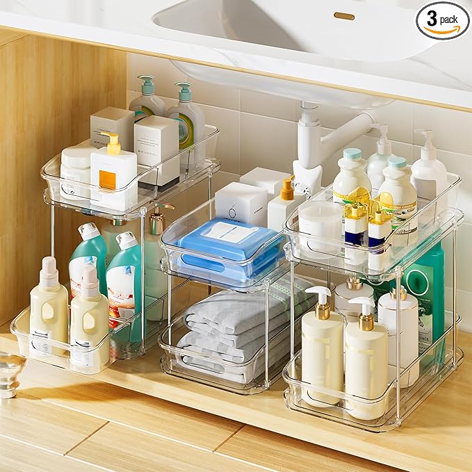 Delamu 3 Pack Bathroom Organizers and Storage, 2 Tier Clear Under Sink Organizer, Pull Out Medicine Cabinet Organizer