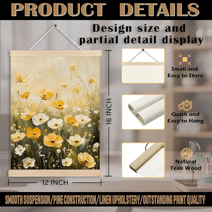 FITIE Watercolor Wildflowers Wall Art Poster Framed, Rustic Farmhouse Decor, Floral Room Decor, Fall Wall Decor Poster Hanger Frame, Rustic Cottagecore Yellow White Flower Field Canvas Wall Art Prints for Home Office, 12x16 Inches