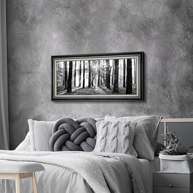 Black and White Forest Wall Art: Framed Tree Landscape Canvas Painting Modern Foggy Sunshine Scene Prints for Bedroom