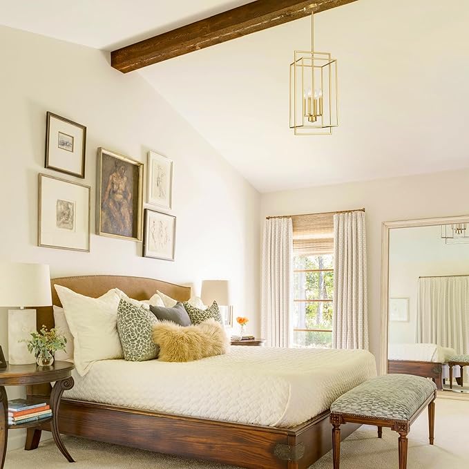 Muted Gold Chandelier Lighting Fixture with Geometric Metal Cage, 4-Light Industrial Pendant for Kitchen Island, Living Dining Room, Home Office (Gold, 24" H - 4 Lights)