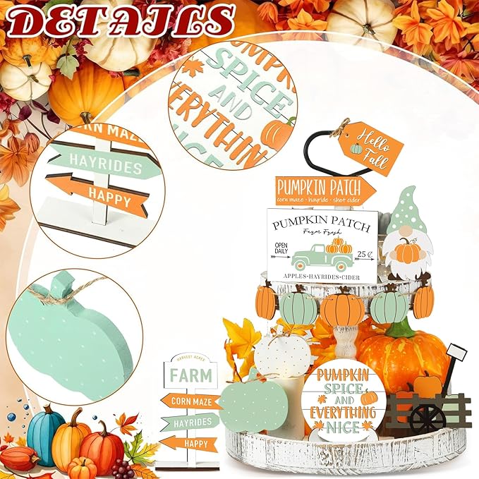 Sumind 15 Pcs Fall Tiered Tray Decor Set Fall Decorations for Home Autumn Wood Signs Thanksgiving Orange Brown Table Signs Farmhouse Wooden Maple Pumpkin Gnomes Tabletop for Festival(Gnomes)