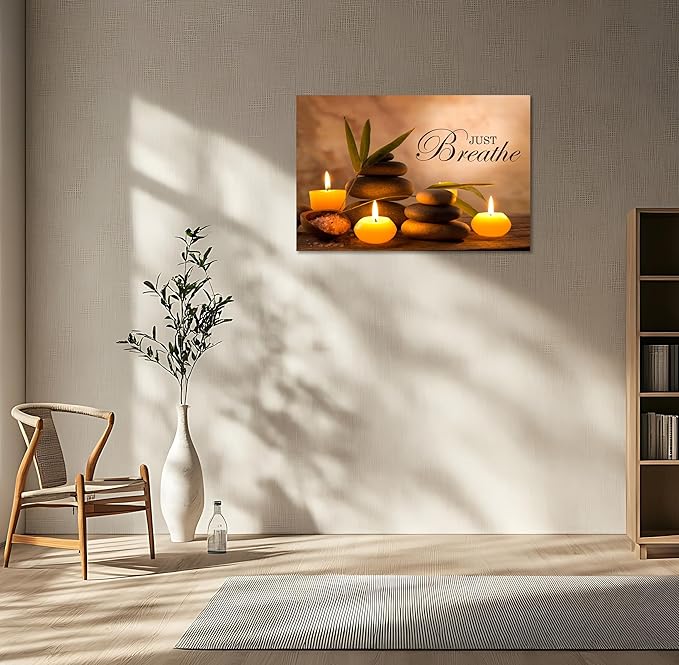 YIOZHAOFH Zen Wall Decor Just Breathe Motivational Bathroom Wall Art Yoga Room Poster for Women Spa Picture Painting Spiritual Artwork Framed for Living Room Ready to Hang (28L x 44W)