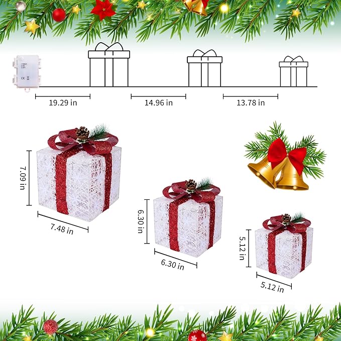 Christmas Decorations, Set of 3 Christmas Lighted Gift Boxes, Battery Operated Xmas Present Boxes, Warm White LED with Bows for Indoor Christmas Tree, Yard, Home Decor