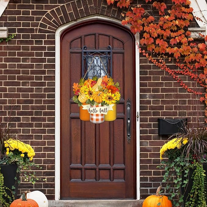 Spiareal Thanksgiving Welcome Sign Fall Wall Art Wood Autumn Maple Door Decor Sunflower Flowers Fall Front Wreath for Front Door Decoration (Maple Style)