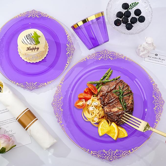 350 PCS Purple and Gold Plastic Plates, Disposable Dinnerware Set for 50 Guests, 100 Disposable Plates, 150 Silverwares, 50 Cups, 50 Napkins for Party, Wedding, Graduation