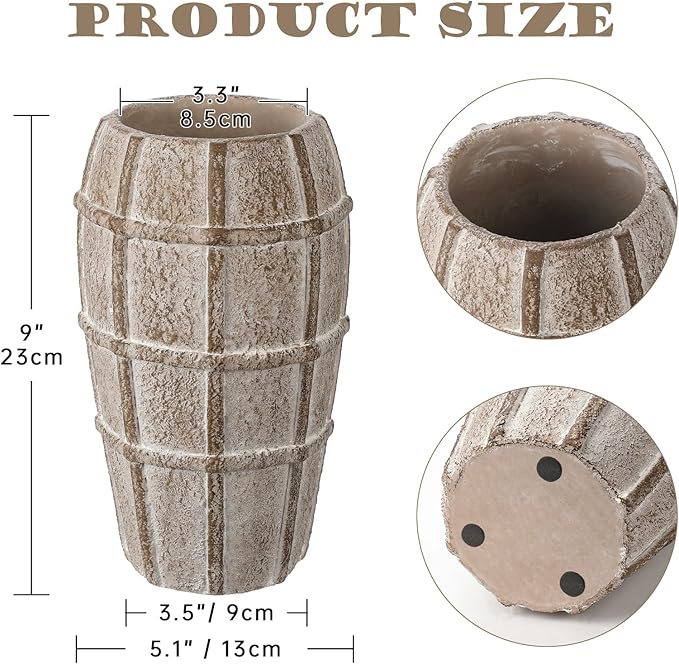 Briful Rustic Terracotta Flower Vase for Home Decor – 9" Brown Farmhouse Textured Barrel-Style Ceramic Vase Vintage Handcrafted Gridded Design for Faux & Dried Flowers Living Room Table Centerpiece