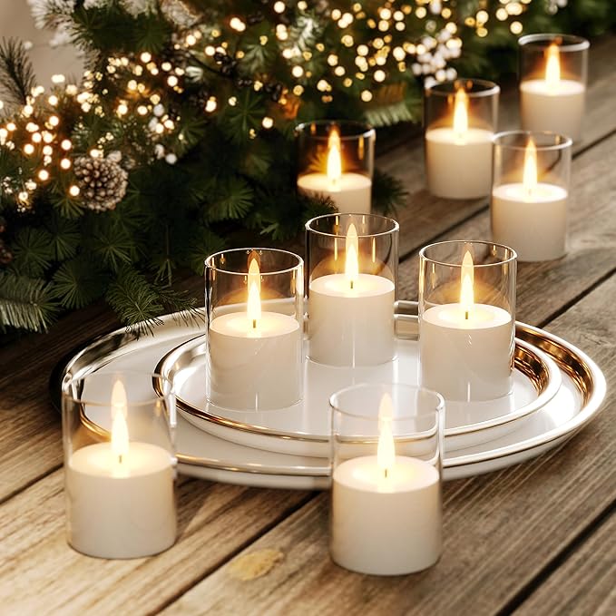 6Pack Flickering Flameless LED Candles with Timer, Battery Powered - Small Pillar & Votive, Clear (2"X3")