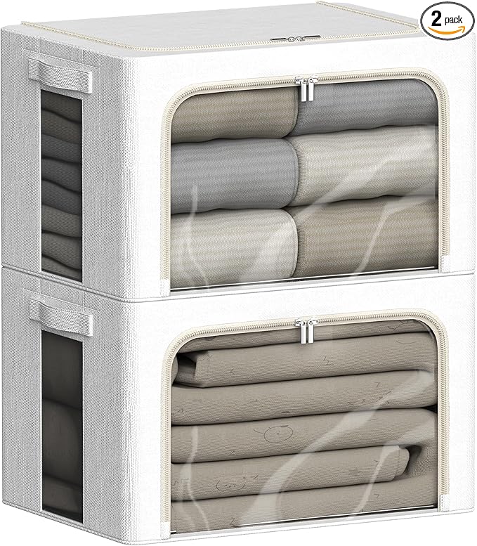 2 Pack Clear Window Storage Bins Large Stackable Linen Fabric Storage for Clothes Foldable Container Organizer Set with Carrying Handles (Lvory White, 15.7x 11.8x 11.7Inch)