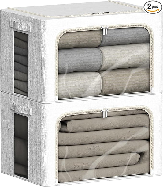 2 Pack Clear Window Storage Bins Large Stackable Linen Fabric Storage for Clothes Foldable Container Organizer Set with Carrying Handles (Lvory White, 15.7x 11.8x 11.7Inch)