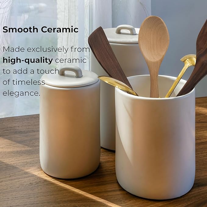 Ceramic Large Kitchen Utensil Holder for Countertop, 7"x5.9", Stable & Sturdy, Cooking Utensils Holder, Smooth & Matte Cream Color,Silicone Pads, Utensil Organizer for Kitchen Counter Decor