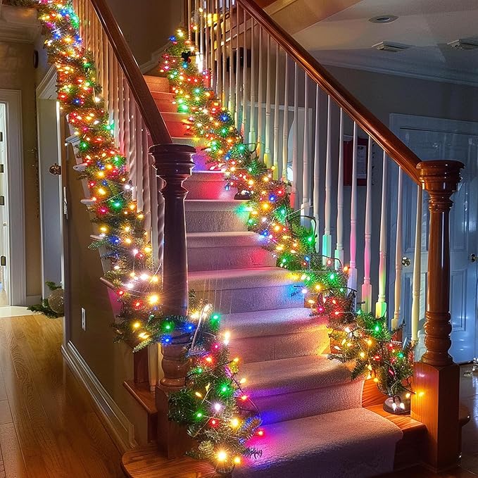 TW SHINE 30 FT Pre-Lit Christmas Garland Decorations, 100 LED Lighted Artificial Pine Garlands with 8 Modes, Green Garland for Indoor Outdoor Door Home Stairs Holiday Decor, Multi-Colored