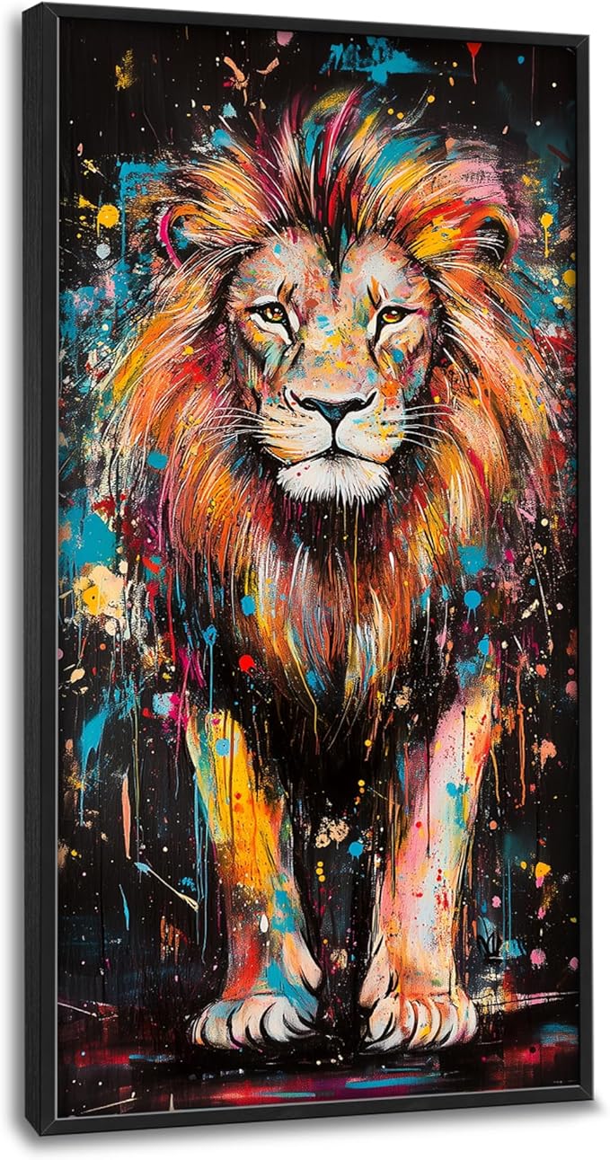Lovira Graffiti Colorful Lion Large Wall Art Animal Canvas Wall Decor Pictures Prints Painting Framed Vertical Artwork for Living Room Bedroom Bathroom Men 30"x60"