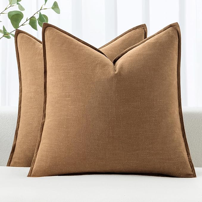 MIULEE Decorative Linen Pillow Covers 16x16 Inch Brown Boho Farmhouse Neutral Couch Throw Pillows for Bed Pack of 2 Accent Modern Pillowcase Sofa Livingroom Home Decor