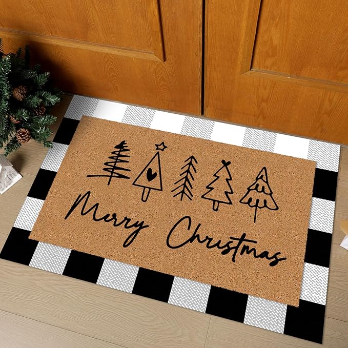 2 Pcs Merry Christmas Door Mat Xmas Tree Welcome Non Slip Coir Mats Heart Xmas Black White Buffalo Plaid Floor Layering Doormats Seasonal for Front Porch Entryway Decor(Christmas)