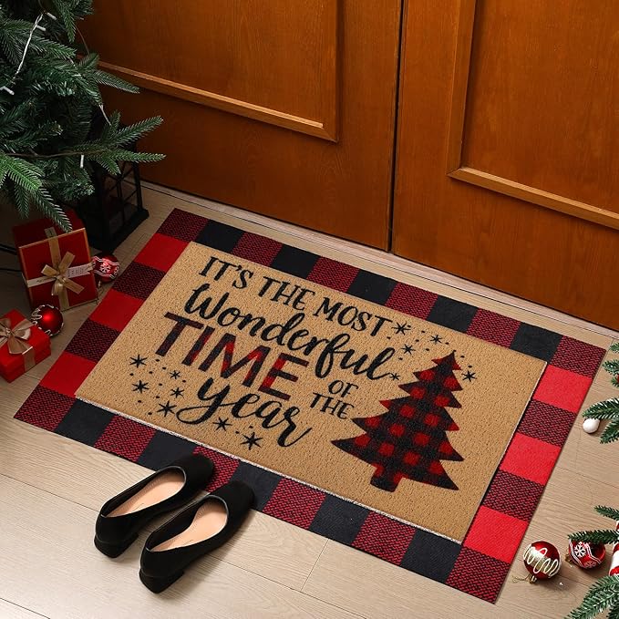 2 Pcs Christmas Tree Door Mat Welcome Non Slip Coir Mats Merry Xmas Black Red Buffalo Plaid Floor Layering Doormats Seasonal for Front Porch Entryway Decor(Christmas Tree)