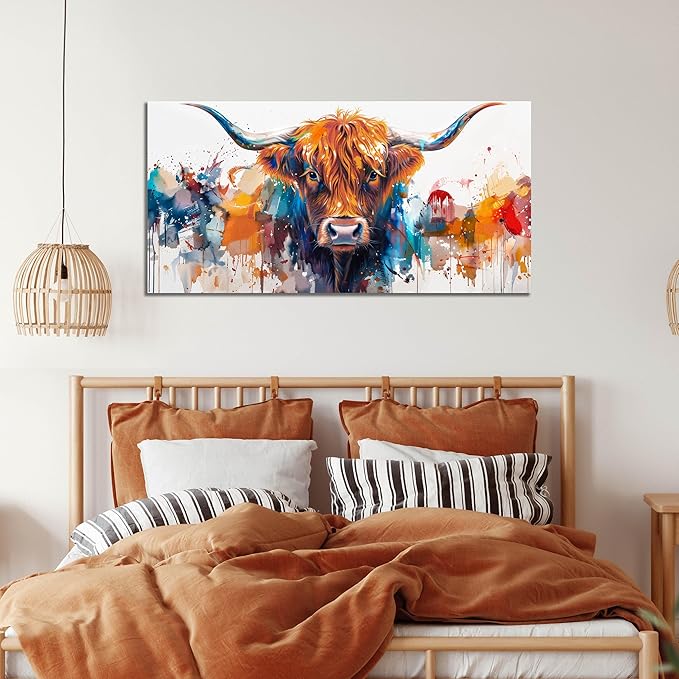 ZHAOSHOP Highland Cow Artwork Wall Decor for Living Room - Colorful Graffiti Wall Art for Office - Modern Wall Decor Teen Bedroom Size 20" x 40"