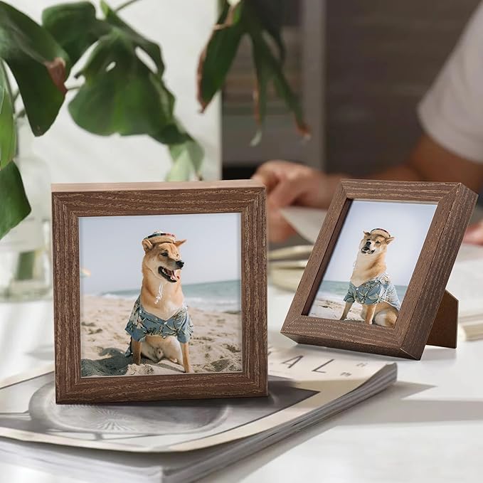 4x4 Picture Frame, Solid White Oak Wood Frame 4 by 4, 4 x 4 Square Photo Frame with Tempered Real Glass, Rustic Wooden Frame 4"x4" for Wall & Tabletop Display, Walnut Color, Set of 2