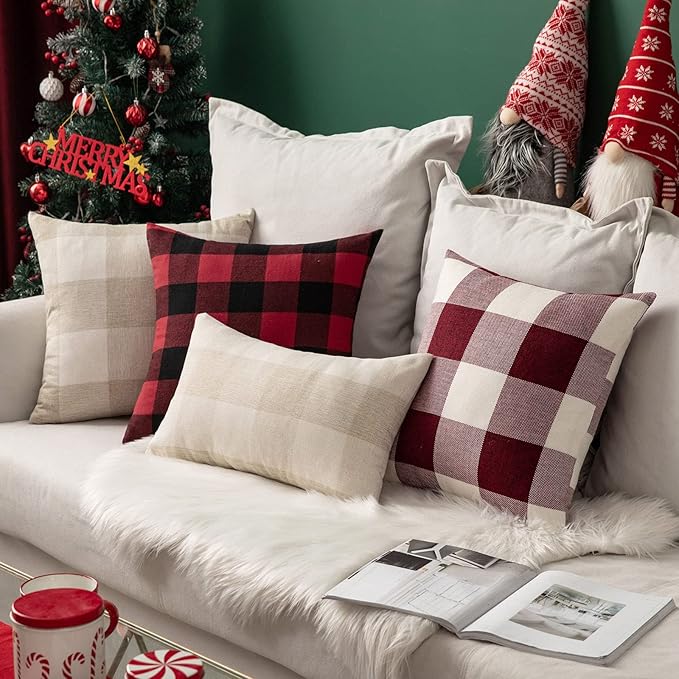 MIULEE Pack of 2 Farmhouse Buffalo Check Plaids Polyester Linen Soft Solid Cream White Decorative Throw Pillow Covers Home Decor Outdoor Cushion Case for Sofa Bedroom 12 x 20 Inch 30 x 50 cm
