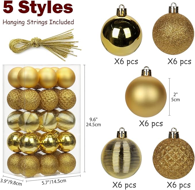 30PCS 2" Christmas Ball Ornaments Shatterproof Gold Christmas Tree Decorations Xmas Tree Balls Halloween Ornaments Décor