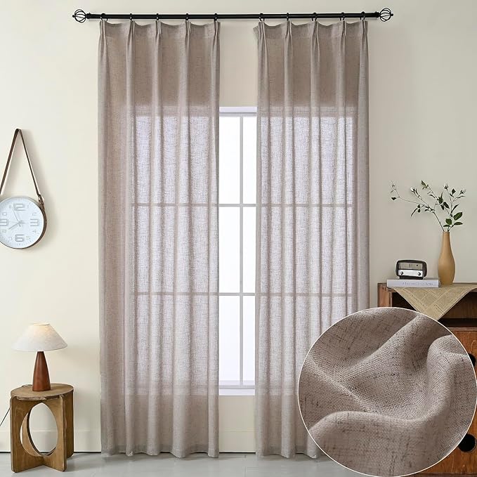 Dark Taupe Curtains 90 Inch Custom Long 2 Panels Set, Faux Linen Semi Sheer, Rustic Farmhouse Drapes for Living Room, Window Treatments, DIY Pinch Pleat Sliding Glass Door Curtain