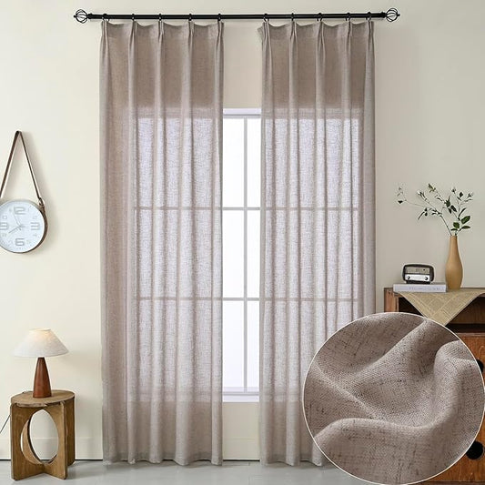 Dark Taupe Curtains 90 Inch Custom Long 2 Panels Set, Faux Linen Semi Sheer, Rustic Farmhouse Drapes for Living Room, Window Treatments, DIY Pinch Pleat Sliding Glass Door Curtain