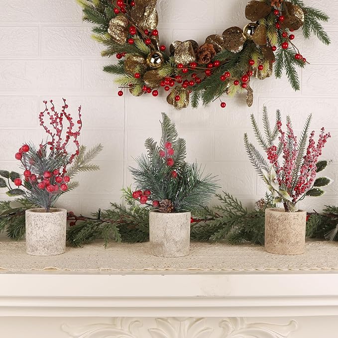 winemana Mini Christmas Tree Table Decorations Indoor, 3 Pcs Small Artificial Xmas Trees Decoration with Red Berries Pine Cone for Centerpiece Kitchen Office Tabletop Home Holiday Decor