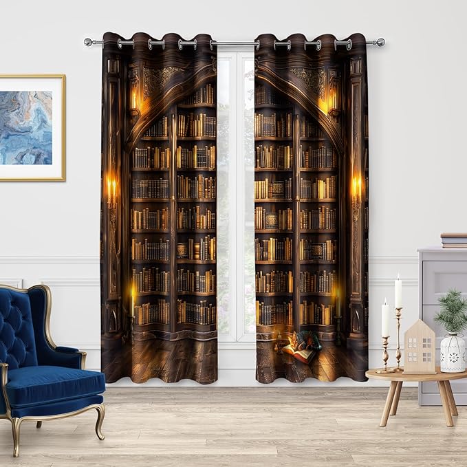 Jekeno Vintage Bookshelf Blackout Curtains Library Books Bookcase Cat Candle Decor Shading Drapes for Bedroom Study Classroom Living Room Darkening Grommet Window Drapes 2 Panel Set, 42"x84"
