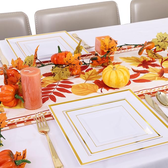 WDF 125pcs Gold Plastic Plates Set - Gold Rimmed Dinner & Salad Plates, Silverware (25 Forks, Knives, Spoons) for Thanksgiving