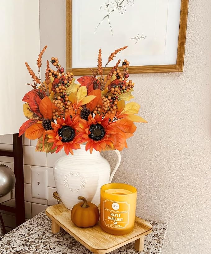 Briful Set of 2 16in Fall Orange Sunflower Picks and Sprays with Pinecones Berries Eucalyptus Leaves Artificial Fall Floral Branches Stems for Autumn Home Wedding Party Vase Centerpieces Decor