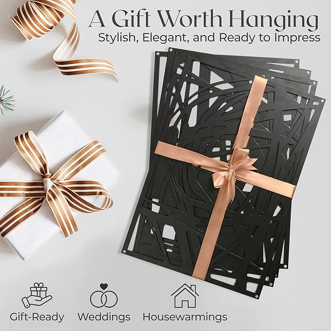 OUR NEST Pack of 4 Black Abstract Metal Wall Art – Minimalist Matte Finish 3D Line Art Wall Decor for Living Room, Bedroom, Bathroom, or Study (16" x 11")