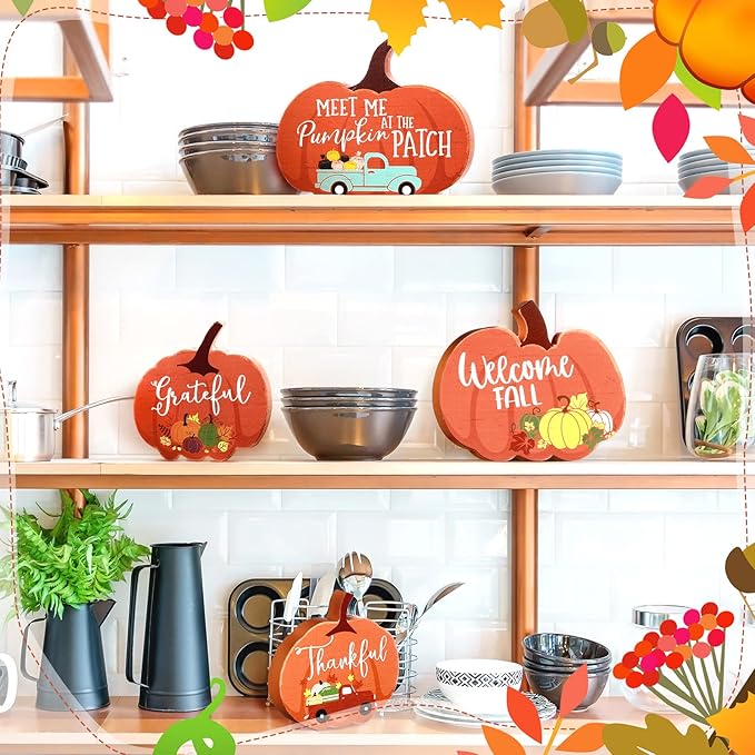 Jetec 4 Pcs Fall Decor for Home Thanksgiving Tiered Tray Decoration Fall Desk Decor Pumpkin Table Centerpiece Welcome Rustic Wood Block Sign for Office Autumn Table Mantel Decoration(Pumpkin Color)
