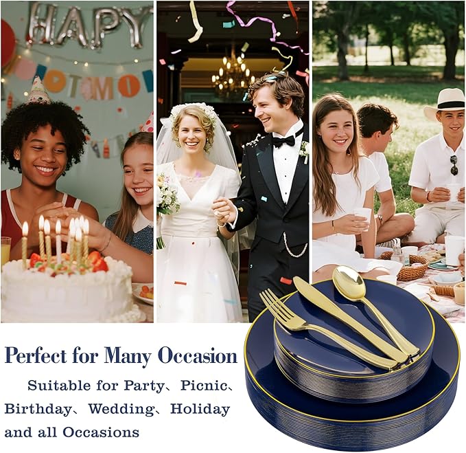YOUBET 125PCS Blue Plastic Plates - Blue and Gold Plates - Navy Blue Disposable Plates With Gold Rim Include 25 Dinner Plate, 25 Dessert Plate, 75 Golden Silverware Cutlery for Party & Wedding