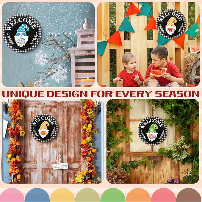 Qunclay Interchangeable Wooden Gnome Decor Holiday Seasonal Gnome Decorations with Magnet Pieces and Detachable Hats Changeable Welcome Sign for Home(Stylish)