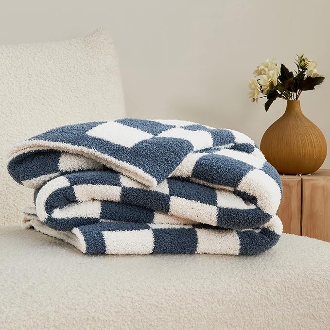 CozeCube Checkered Blanket, Ultra Soft Cozy Blue and White Throw Blanket, Warm Cozy Knit Fuzzy Plush Checkerboard Throw for Couch Bed Sofa, 50"x60"