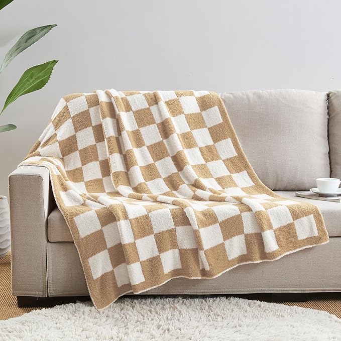 CozeCube Checkered Blanket, Ultra Soft Cozy Khaki Tan and White Throw Blanket, Warm Cozy Knit Fuzzy Plush Checkerboard Throw for Couch Bed Sofa, 60"x80"