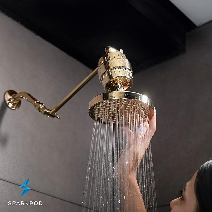 SparkPod Shower Head - High Pressure Rain - Premium Quality Luxury Design - 1-Min Install - Easy Clean Adjustable Replacement for Your Bathroom Shower Heads (Egyptian Gold, 6 Inch Round)