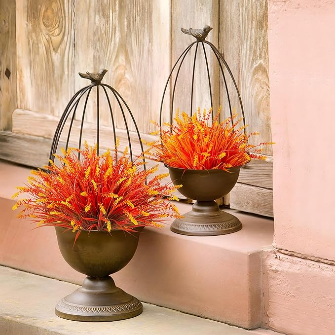 Artificial Fake Plants Flowers for Outdoors Fall Decor, 12 Bundles Fall Leaves Faux Lavender Flowers for Autumn Decoration, Fake Shrubs UV Resistant Planter No Fade for Garden Porch Balcony(Brown)