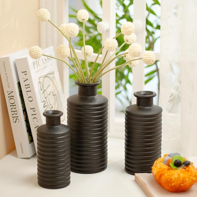 Black Ceramic Vases for Home Decor, Modern Farmhouse Frosted Semi Matte Textured Decorative Vase Set, Unique Vase for Entryway, Coffee Table, Shelf, Small Pampas Grass and Flowers