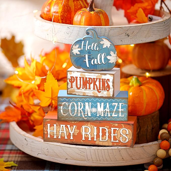 4 Pcs Fall Decor for Home Blue Pumpkin Wooden Signs with Blessed Autumn Tiered Tray Decor Hello Fall Tabletop Centerpiece Maple Leaf Block Signs for Thanksgiving Office Kitchen Shelf