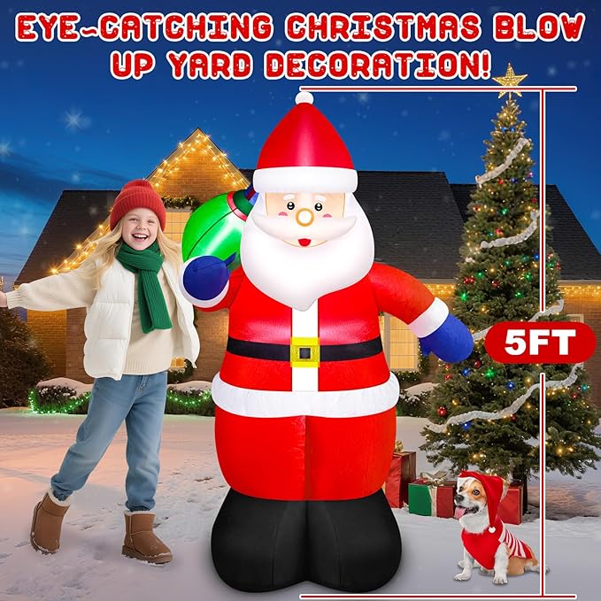 Danxilu 5FT Christmas Inflatable Santa Outdoor Decorations- Blow Up Santa Claus with Gift Bag Built-in LEDs Lighted Decor for Yard Garden Lawn Porch Xmas Holiday Party