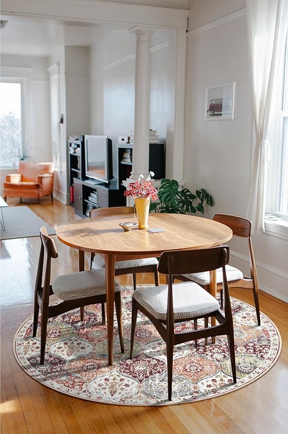 Lahome Moroccan Trellis Washable Round Area Rug, Round Rug 5ft Soft Non-Slip, Non-Shedding Distressed Circle Carpet for Bedroom Living Room Bathroom Nursery Kitchen, Orange/Terracotta