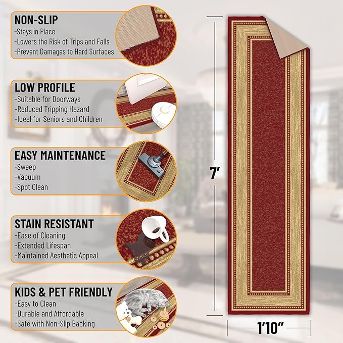 Ottomanson Hallway Runner Rug 1'10" x 7' Non Slip Border Area Rugs Easy to Clean Laundry Rug Runner Durable & Pet Friendly Floor Carpet Runners for Hallways Entryway Living Room Kitchen Bathroom, Red