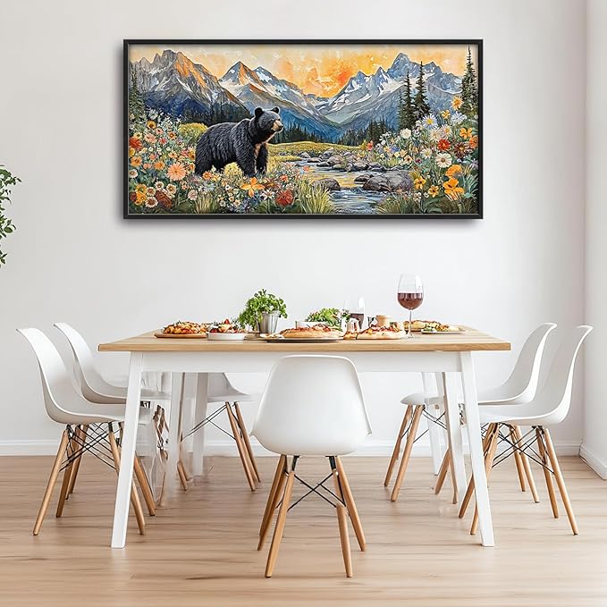 Extra Large Framed Abstract Black Bear Mountain Wall Art,Colorful Wildflower Forest Landscape Wall Decor Pictures for Living Room,Canvas Print Painting Modern Artwork Bedroom Office Bathroom 60L x30W