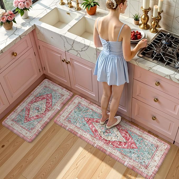 KIMDOE Kitchen Rugs and Mats 2PCS Cushioned Anti Fatigue Kitchen Mat Non-Skid Waterproof Kitchen Runner Rug for Kitchen Decor,Floors,Office,Laundry,Rose Red