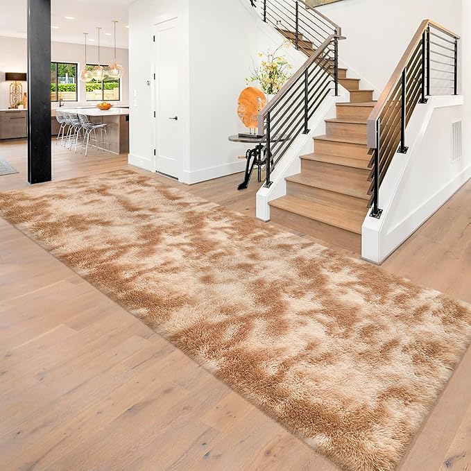 Super Soft Fluffy Living Room Area Rugs 3x10 ft Tie-Dyed Beige Shaggy Furry Carpet Washable Non-Slip Floor Rug Bedroom Bedside Nursery Rug Fuzzy Girls Boy Reduce Noise Dorm Home Decor