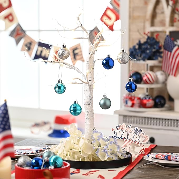 Valery Madelyn 1.57 Inches Small Christmas Tree Decorations Ornament Set for 4th of July Fall Halloween, 24ct Navy Blue and Silver Shatterproof Hanging Ball Ornaments Holiday Party Decor