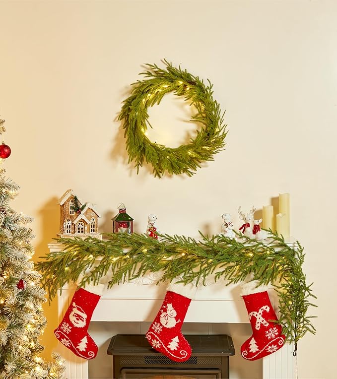 Brightown Christmas Garland with Lights, 6Ft Norfolk Pine Garlands, Battery Operated, White Lights, Prelit Garland for Mantle Fireplace Stairs Wall, Door Indoor Outdoor Christmas Decorations, 2 Pack