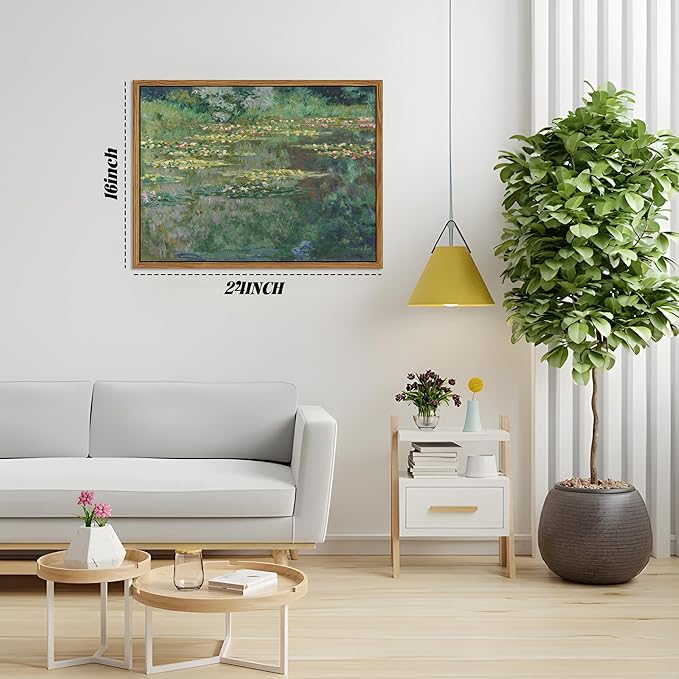 Framed Claude Monet Wall Art – Vintage Water Lilies Pond Painting Wall Decor, Impressionist Living Room Wall Art, Classic Aesthetic Canvas Prints for Bedroom Kitchen Bathroom – 24"x16"