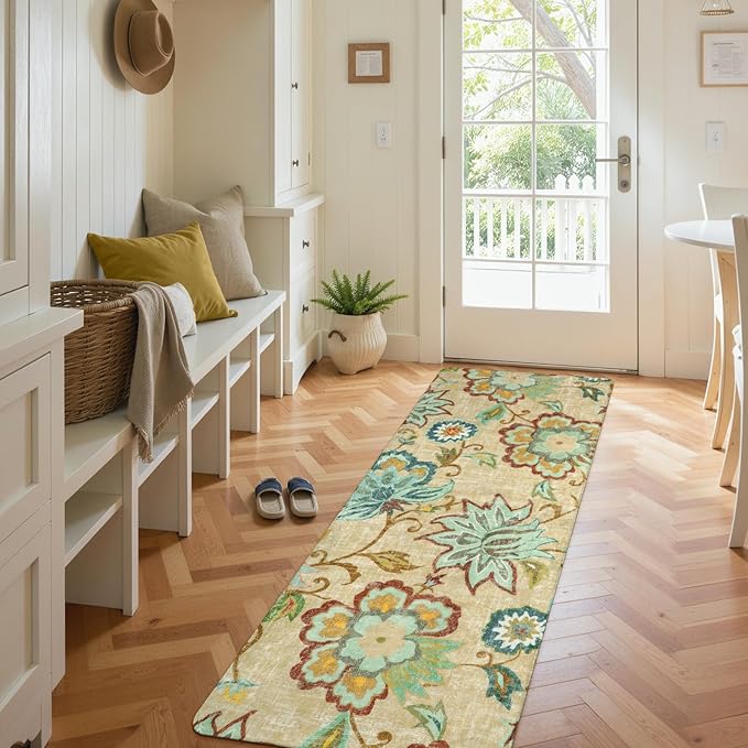 Lahome Floral Washable Kitchen Runner Rugs with Rubber Backing - 2x5 Rug Runner Lightweight Non-Slip Soft Bathroom Carpet, Boho Beige Paisley Carpet for Hallway Bedroom Laundry Room